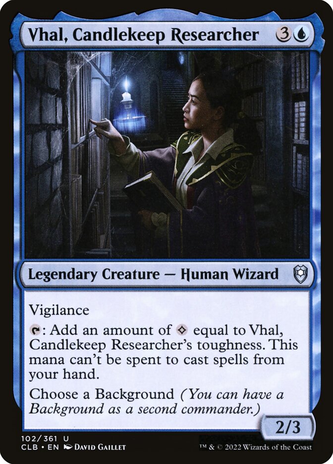 MTG Card Title: Vhal, Candlekeep Researcher CLB/102