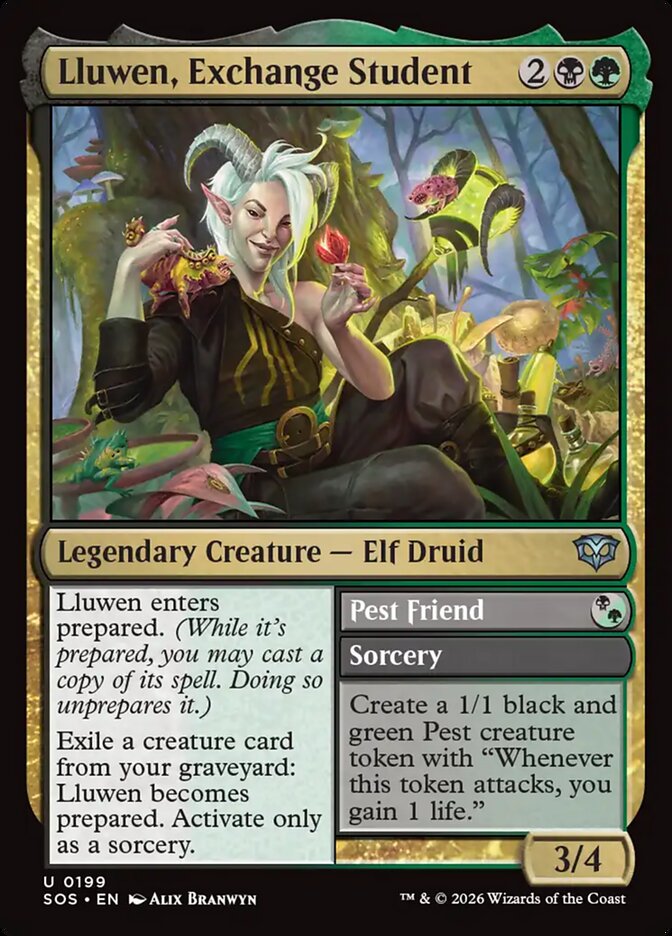 MTG Card Title: Lluwen, Exchange Student // Pest Friend SOS/199