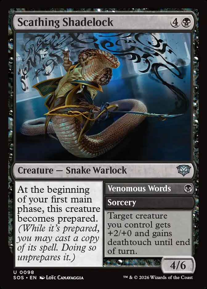 MTG Card Title: Scathing Shadelock // Venomous Words SOS/98