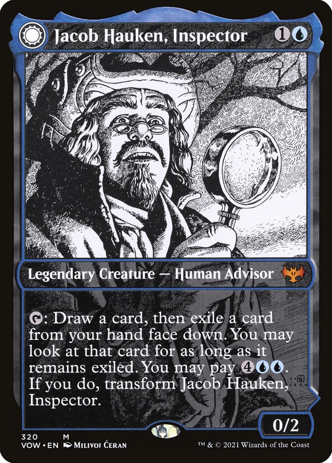 MTG Card Title: Jacob Hauken, Inspector // Hauken's Insight VOW/320