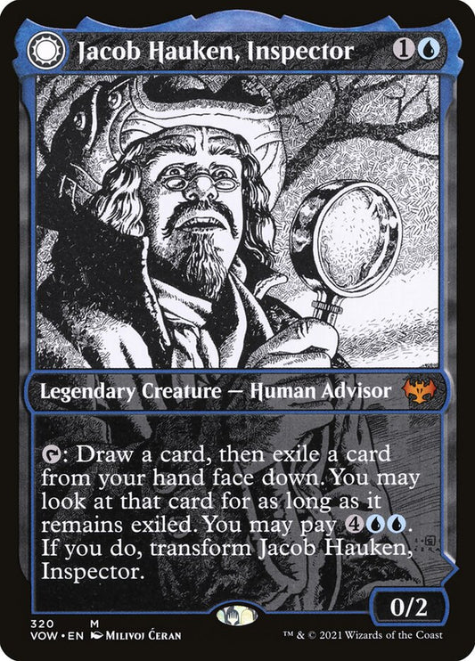 MTG Card Title: Jacob Hauken, Inspector // Hauken's Insight VOW/320