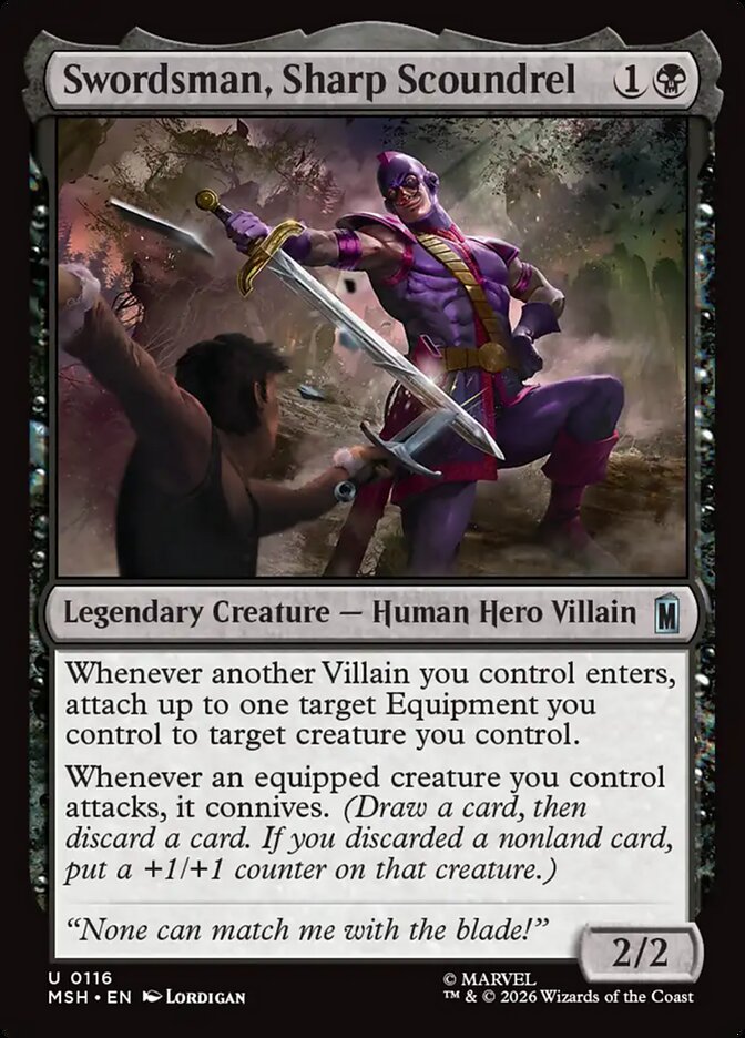 MTG Card Title: Swordsman, Sharp Scoundrel MSH/116