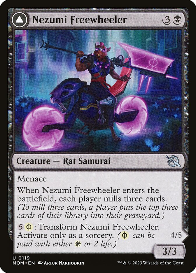 MTG Card Title: Nezumi Freewheeler // Hideous Fleshwheeler MOM/119