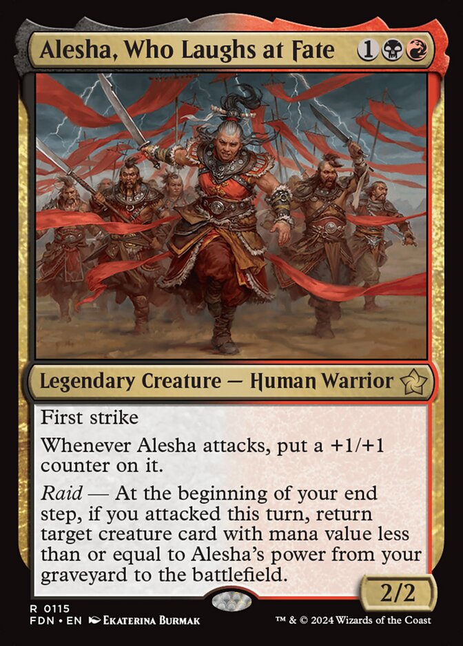 MTG Card Title: Alesha, Who Laughs at Fate FDN/115