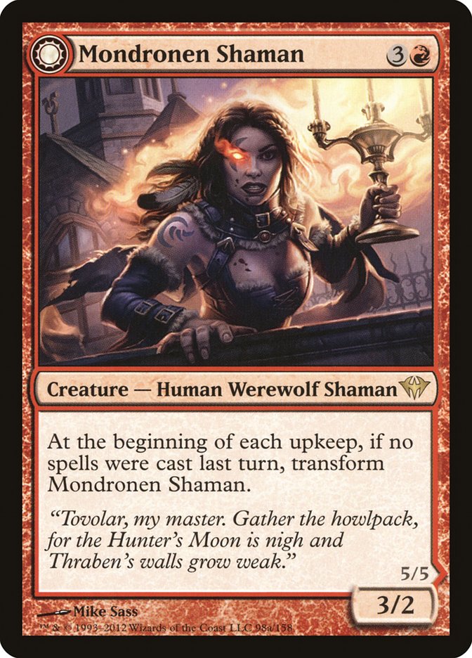 MTG Card Title: Mondronen Shaman // Tovolar's Magehunter DKA/98