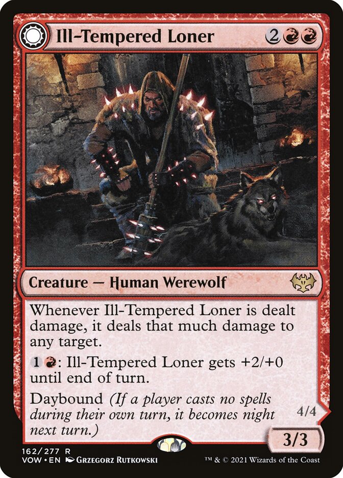 MTG Card Title: Ill-Tempered Loner // Howlpack Avenger VOW/162