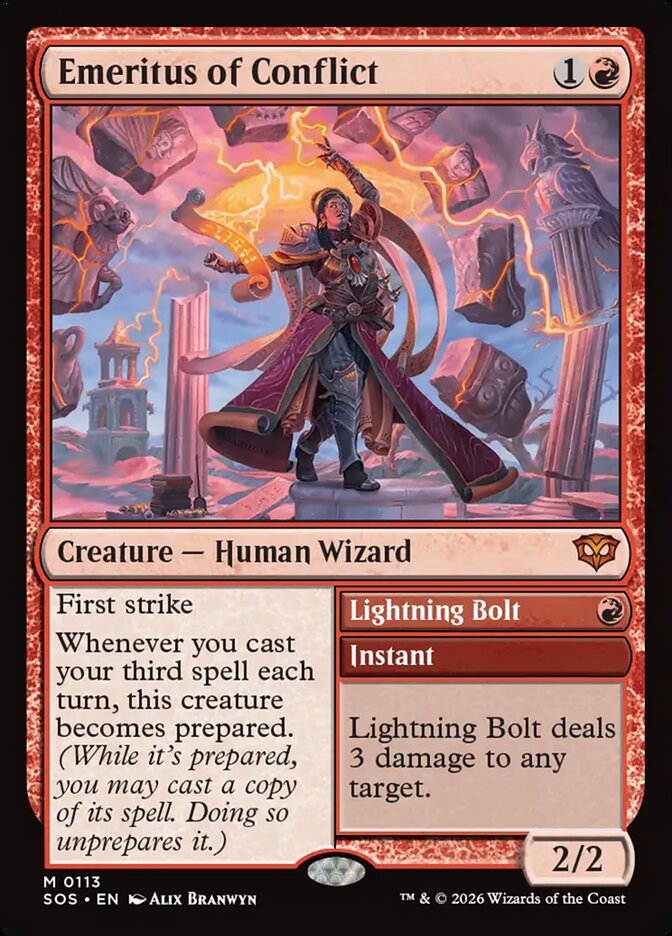 MTG Card Title: Emeritus of Conflict // Lightning Bolt SOS/113