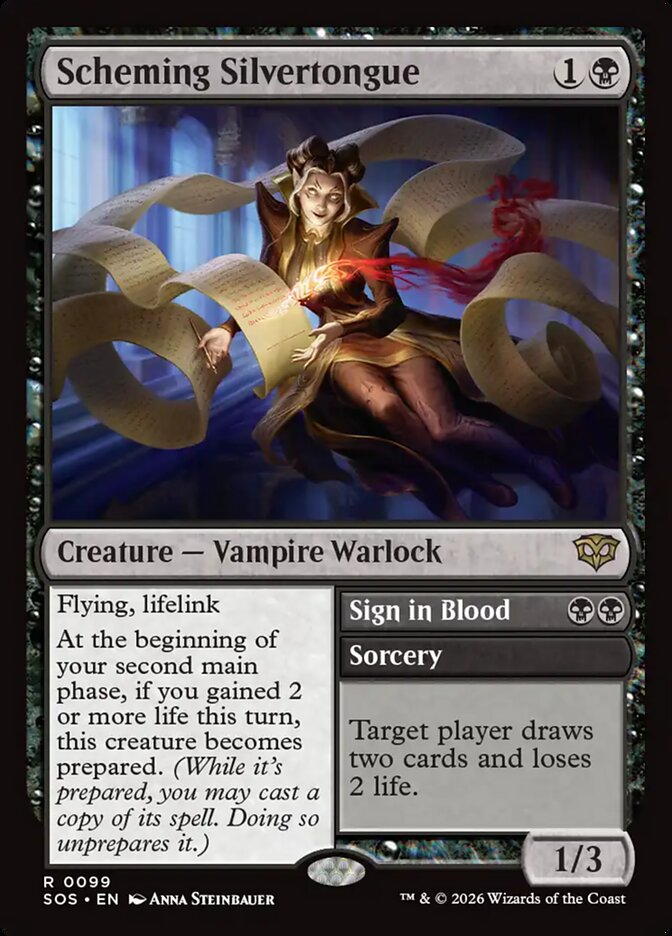 MTG Card Title: Scheming Silvertongue // Sign in Blood SOS/99
